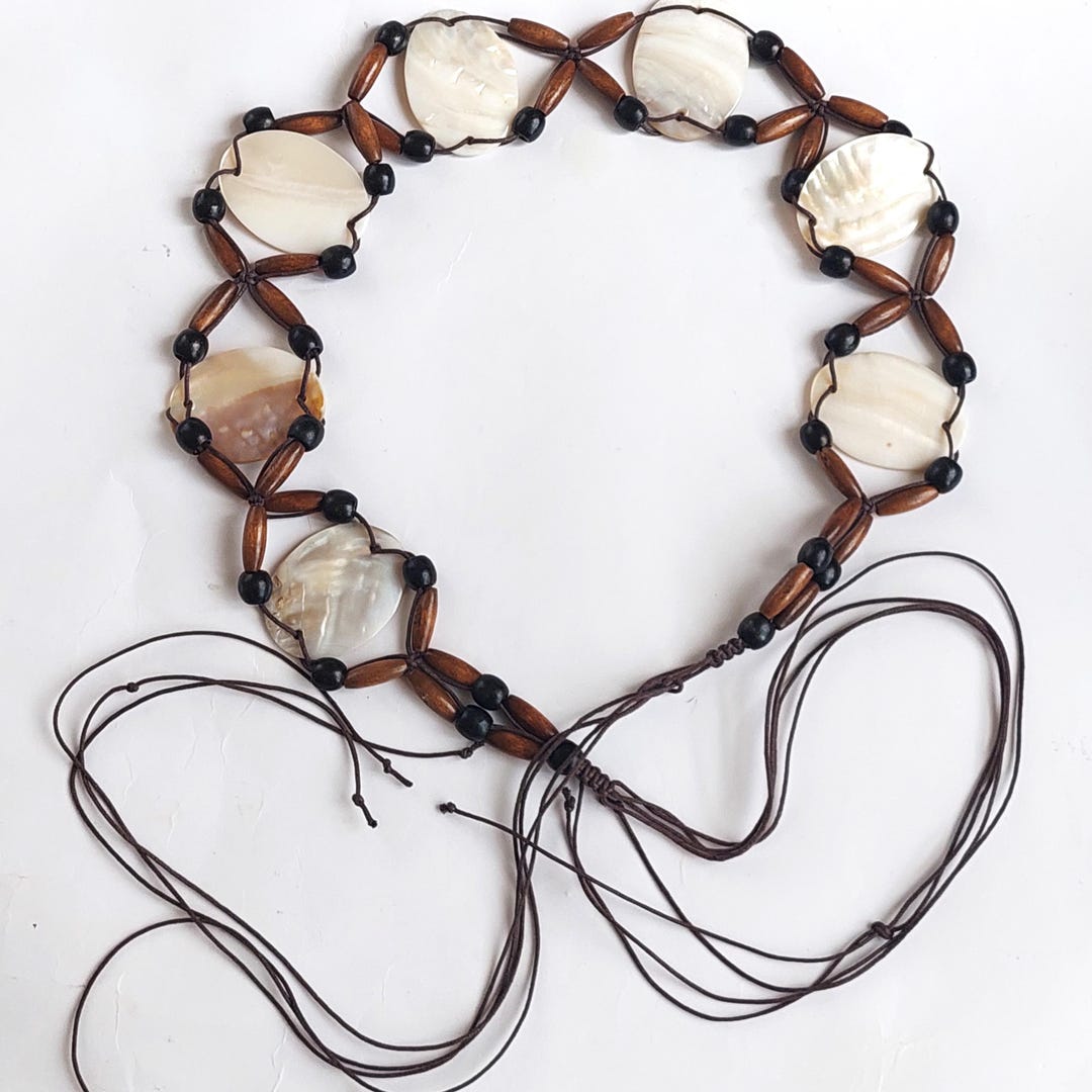 Macrame Mother of Pearl Wood Bead Belt Nautical Ocean Tie Closure 34\