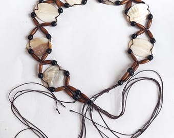 Coconut Shell and Mother of Pearl Adjustable Belt, Brown  display picture 1