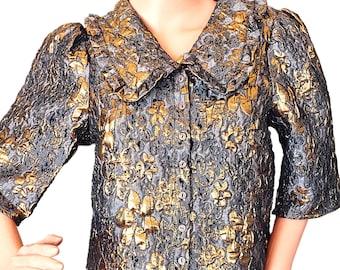 Vintage Lindex Metallic Bolero Jacquared Floral Jacket Size S – Gold Brown Evening Cropped Blazer