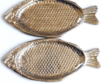 Vintage Silver Plated Trays Pair Fish Shaped Coastal Nautical Hollywood Regency Decor