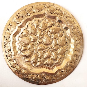 Vintage Brass Wall Plate, 15” 1970s Middle Eastern Repousse Charger Pierced Boho Decor