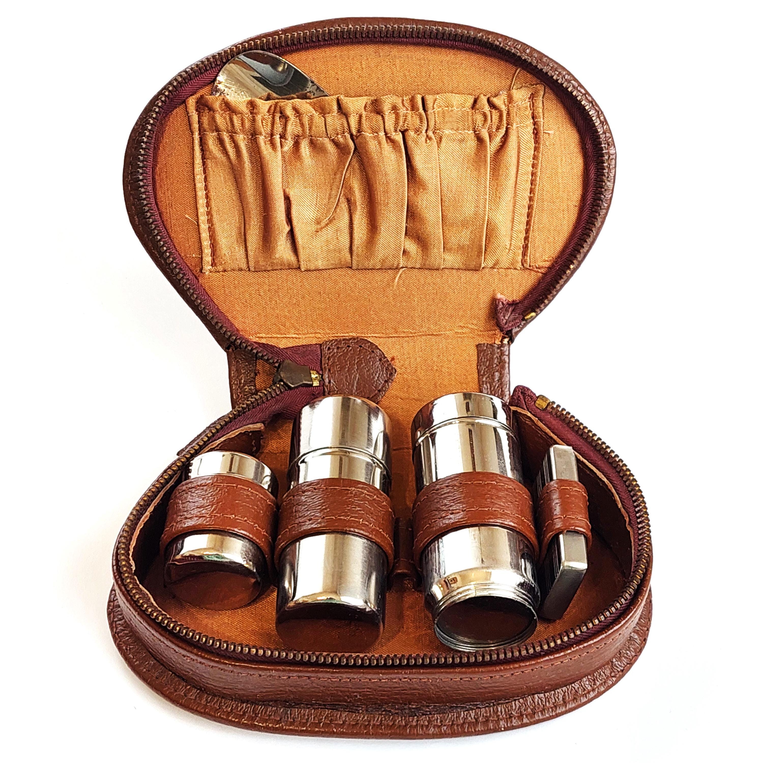 50s Men Travel Toiletry Kit in Genuine Leather Case Vintage Grooming Set with Shaving Brush Blade Box Metal Storage Containers for Gentlemen