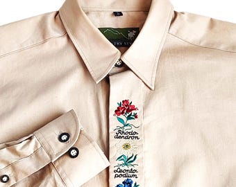 Vintage Club D Amingo Embroidered Men Shirt Oktoberfest Beige Alpine Edelweiss Button Down Large