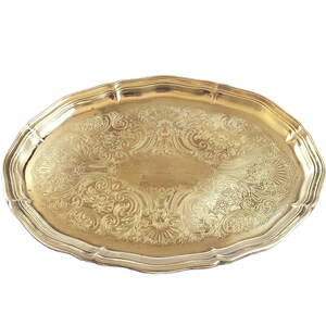 Vintage messing gegraveerd ovaal dienblad voor het serveren van ijdelheid of display kleine gouden schaal metalen schaal Barok bloemenontwerp