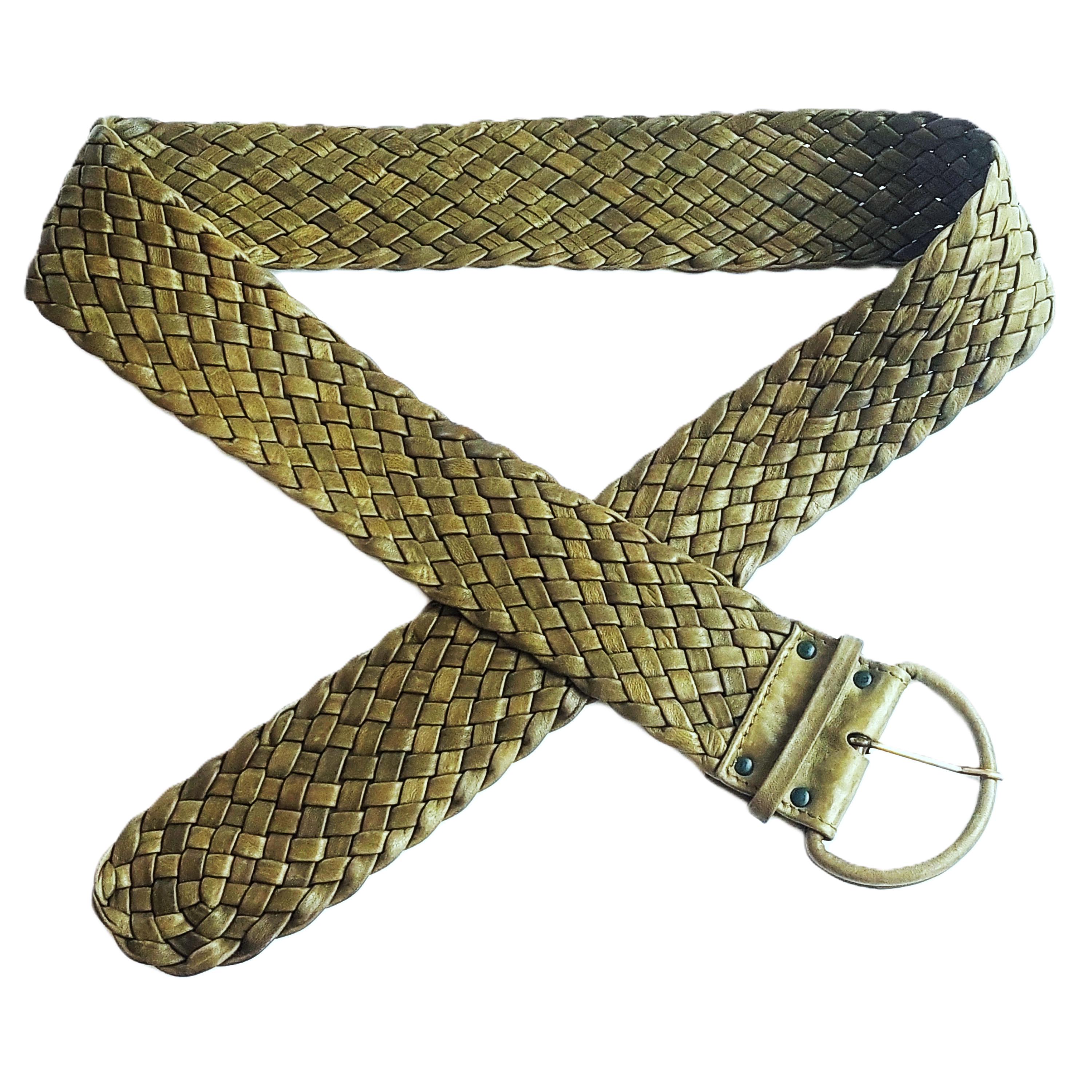 Vintage Braided Leather Belt, Green Wide Woven, D-ring  display picture 2