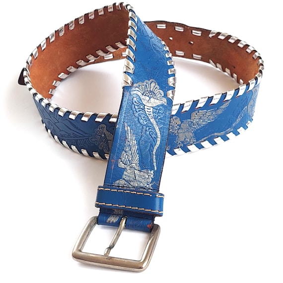 Western Style Tooled Leather Belt With Silver Eagle Buckle Vintage Tooled Leather Eagle Belt: Hand-painted Western  main image 3