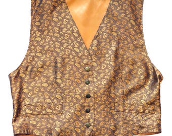 Vintage Jacqard Dress Vest size XL, Paisley Tapestry Silky Waistcoat, Golden Brown Patterned, Unisex