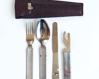 Vintage Rostfrei German Military Stainless Steel Mess Kit Nesting Cutlery Set in Leather Pouch Fork Spoon Knife Opener for Soldiers Camping