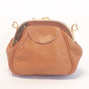 Vintage Leder Geldbörse Kiss Lock Frame Pouch Tan Camel Mini Portemonnaie 1960er Jahre