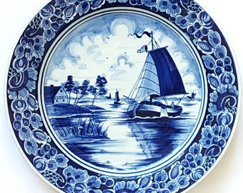 Vintage Delft Blue Holland Wall Plate, Dutch Ship Scene, Hand Painted Ceramic, Decorative Collectible 10 Inch Delftware Pottery