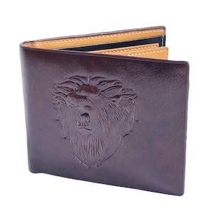 Men Brown Leather Wallet with Embossed Lion Head Dibaoleiou Vintage Bifold Multiple Card Slots and Compartments for Bills and ID Gift