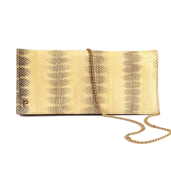 Vintage Pierre Cardin Faux Snakeskin Embossed Leather Clutch Purse Envelope Handbag Evening Bag with Gold Chain Shoulder Strap Cream Gray