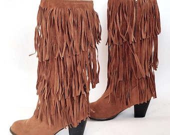Vintage Sheego Germany Ten Brown Faux Suede Fringe Boots for Women Mid Calf Western Statement Footwear with Block Heel Size EU 39 / US 8.5