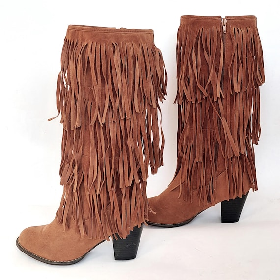 Vintage Sheego Germany Ten Brown Faux Suede Fringe Boots for Women Mid Calf Western Statement Footwear with Block Heel Size EU 39 / US 8.5