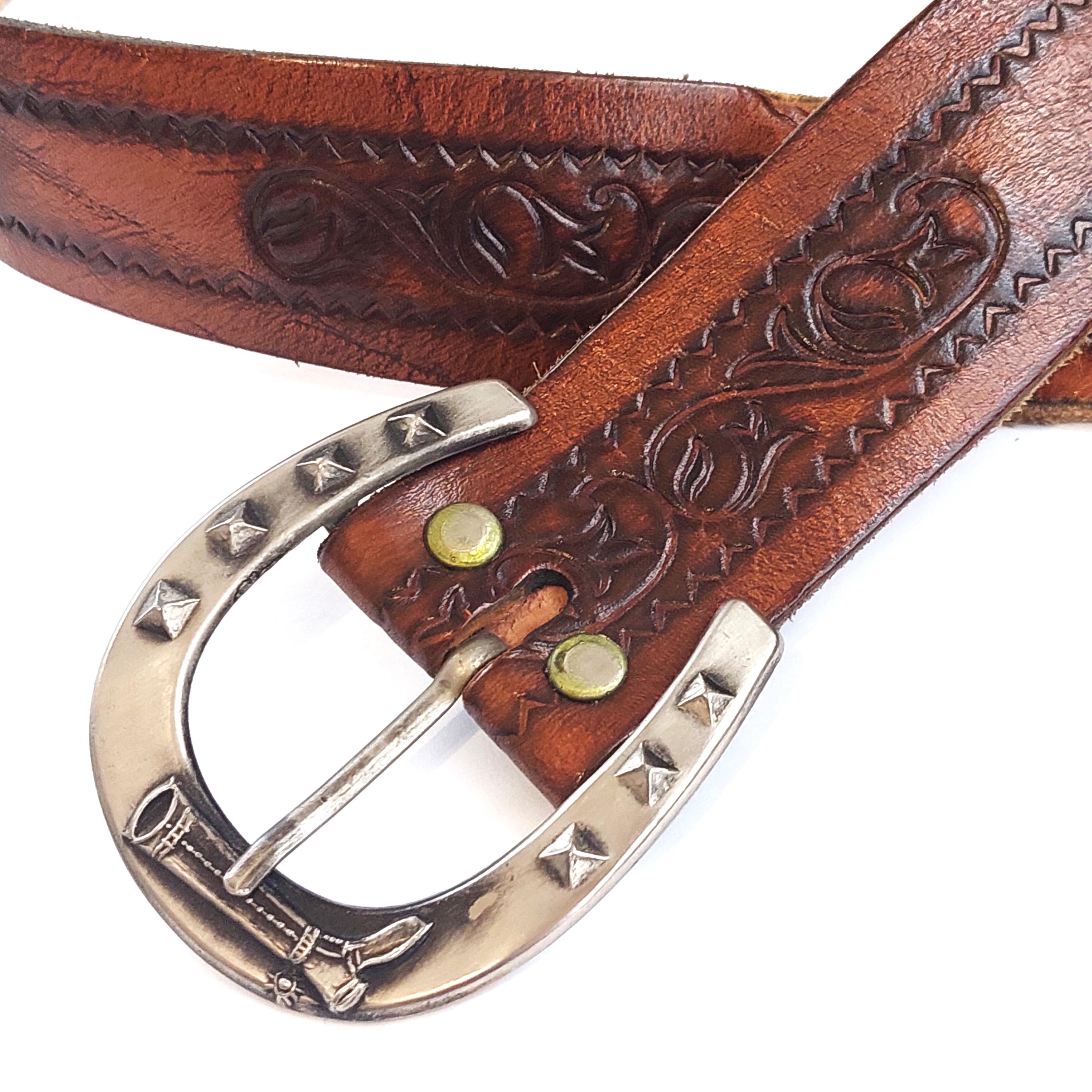 Vintage Western Belt, Brown Tooled Leather, Horseshoe Buckle  display picture 2