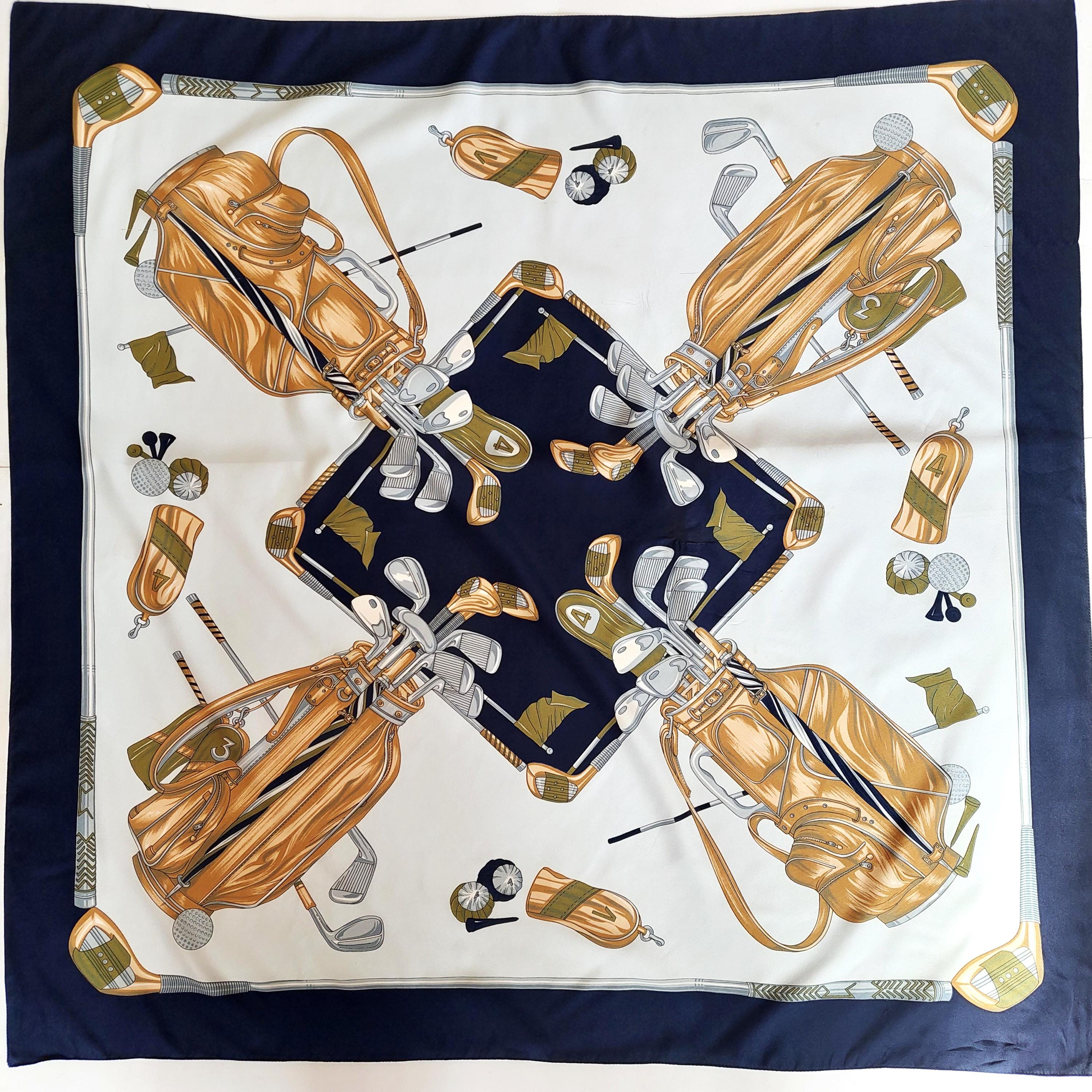 Vintage Golf Themed Scarf Navy Blue Gold Headscarf Large 35'' Square Accessories for Head Hair Neck