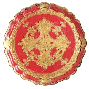 Bandeja florentina italiana vintage de madera dorada y roja. Plato redondo festoneado grande de 35 cm para servir o exhibir. Fabricada en Italia en Florencia.