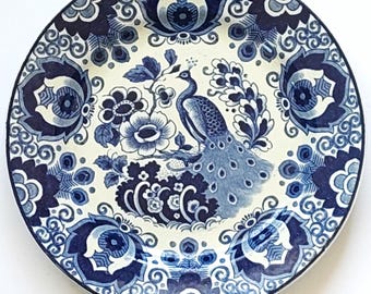 デルフト陶器の花柄陶板 - 鳥と花のデザインが施された多色オランダ
