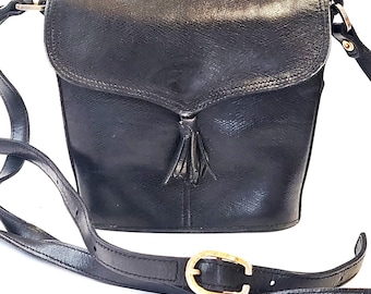 Vintage LONGCHAMP Paris  Crossbody Bag, Black Leather Small Shoulder Purse, French Designer Handbag Satchel Made in France