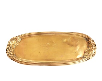 Vintage Metal Brass Tray for Serving Vanity or Display Small Golden Metal Dish Platter Oval Shape Grapes Design Antique 1930s Tableware
