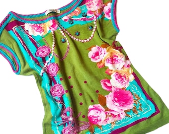 Vintage Blumarine Knit Top Made in Italy Green Rhinestones Blouse  Pink Roses Print