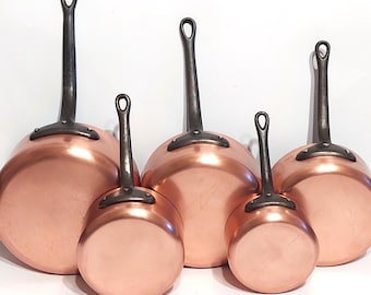 Vintage French Copper Saucepans Set of 5 Tin Lined Cookware Pan Wrought Iron Handles