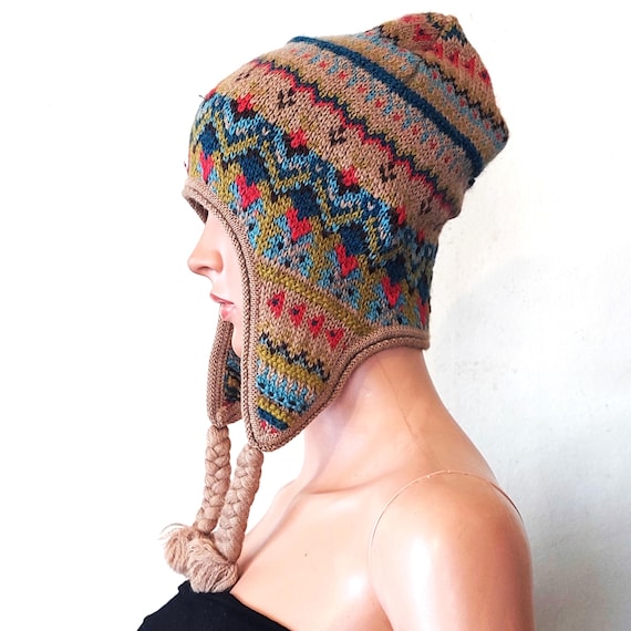 Colorful Knit Wool Chullo Peruvian Beanie Earflap Hat Made in Nepal Braided Ties m_6a1d3bc3071d337b8a7f4cef.jpg main image 2