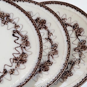 May include: Three off-white ceramic plates featuring a raised brown grape and vine motif along the rim. The edges have a scalloped, embossed pattern with a dark brown border. The central design consists of brown grape clusters and leaves.