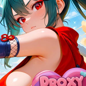 Puede incluir: Ilustración de estilo anime de un personaje femenino con ojos rojos y cabello verde, sosteniendo una katana. Viste un atuendo rojo con mangas azules y un logo en forma de corazón que dice "Proxy Deck Cutie."