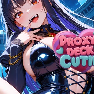 Könnte beinhalten: Anime-Illustration eines Vampirkriegers mit langen schwarzen und lila Haaren, Fangzähnen und orangefarbenen Augen. Das Bild enthält den Text "Falkenrath Pit Fighter" und "Proxy Deck Cutie". Die Figur trägt ein schwarzes Outfit.