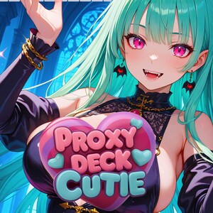 Puede incluir: Ilustración de estilo anime de una mujer con cabello turquesa y ojos rosados sosteniendo llamas. La carta dice "Pyre of Heroes" y "Artifact". Un emblema en forma de corazón dice "Proxy Deck Cutie".