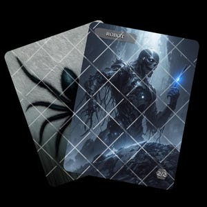 May include: Two fantasy art cards. One card features a skeletal robot holding a glowing blue object, with the word "ROBOT" above. The other card has a spider graphic. Both cards have a grid overlay.