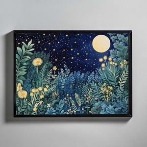月光プリント、月の壁アート、森のプリント、野花の月の壁アート、荒野のプリント、静かな風景のプリント、ウィリアム・モリス風アート