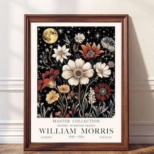 William Morris Print  Moon Wildflowers Wall Art Vintage Night Sky Moon Lovers Print Moody Dark Academia Decor William Morris Style Print