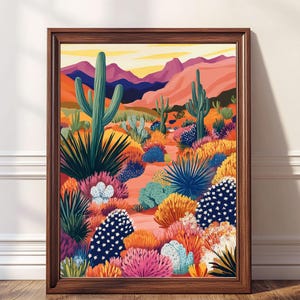 Colorful Desert Print Saguaro Cactus Landscape Print Arizona Sunset Poster Southwest Boho Decor Vibrant Western Desert Painting Sonoran Art