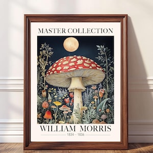 William Morris Print Mushroom Wall Art Moon Print Vintage Toadstool Illustration Mystical Botanical Wall Decor Forest Print Moon Lovers Gift