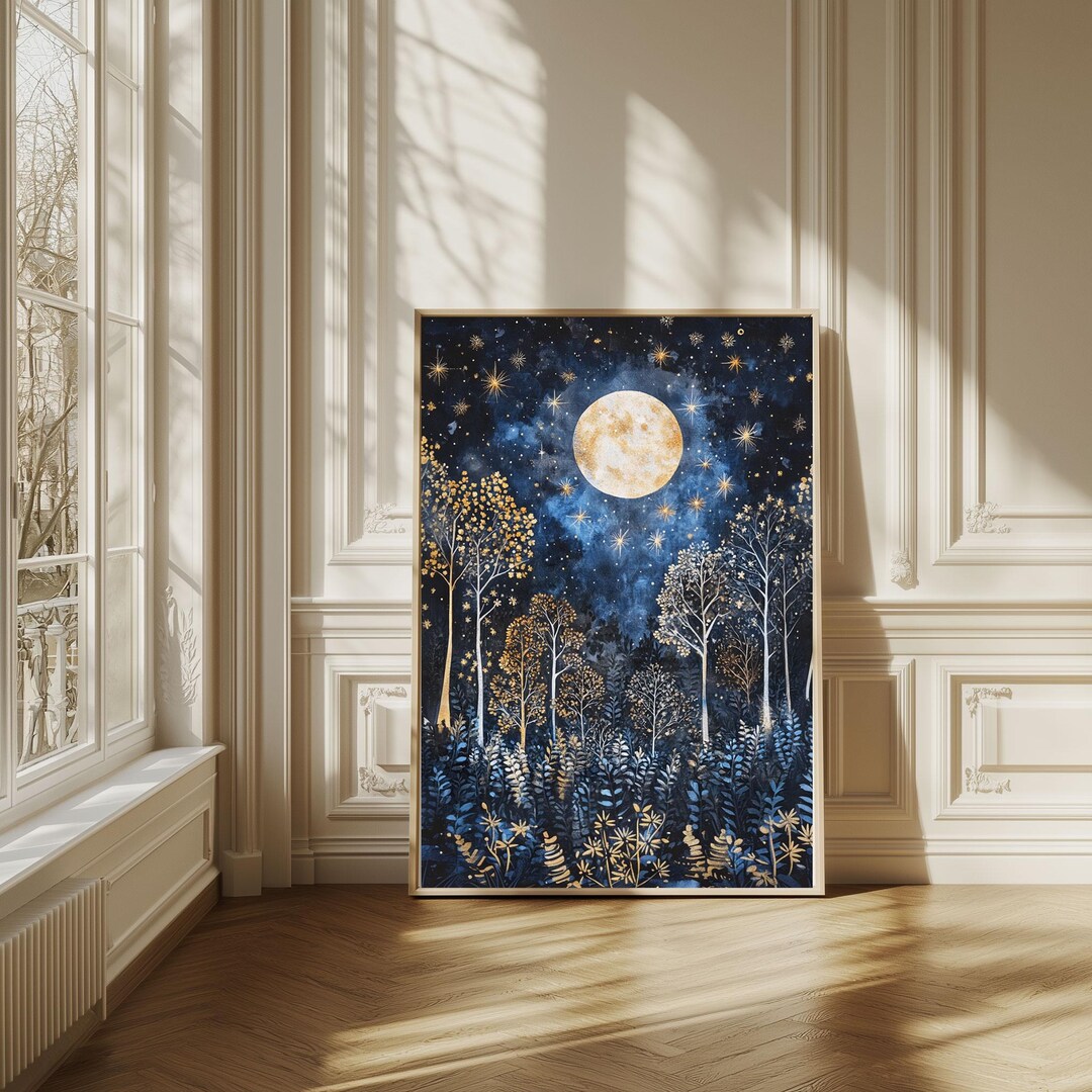 Full Moon Wall Art Celestial Decor Night Sky Woodland Poster Moon Phase ...