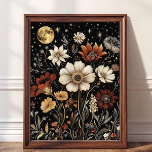 William Morris Print Moon Lovers Print Wildflowers Vintage Night Wall Art Celestial  Whimsical Moon Print Moody Dark Academia Wall Decor