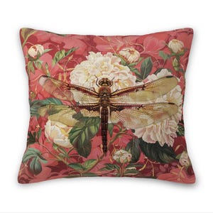 Libellenkissen, Rosa Blumenkissenbezug, William Morris Kissenbezug, Libellendekor, William Morris Dekor, Vintage Libelle