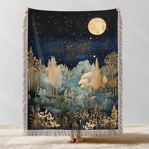 Celestial Woven Blanket, Dark Academia Decor, Gothic Tapestry, William Morris Decor, Forest Tapestry Wall Hanging, Navy Blue Throw Blanket