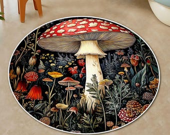 Mushroom Rug: Round Cottagecore Floral Accent Rug