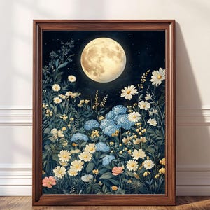 William Morris Print Full Moon Print Wildflowers Wall Decor Vintage Night Sky Celestial Moon Lovers Gift  Print Moody Dark Academia Decor