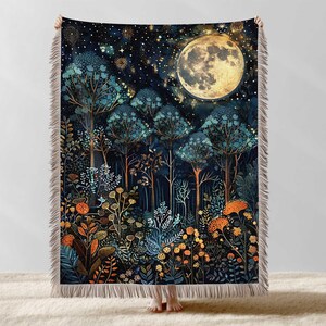 Celestial Woven Blanket, Moon Throw Blanket, Dark Academia Decor, , Forest Tapestry Wall Hanging, Navy Blue Throw Blanket, Forest  Tapestry
