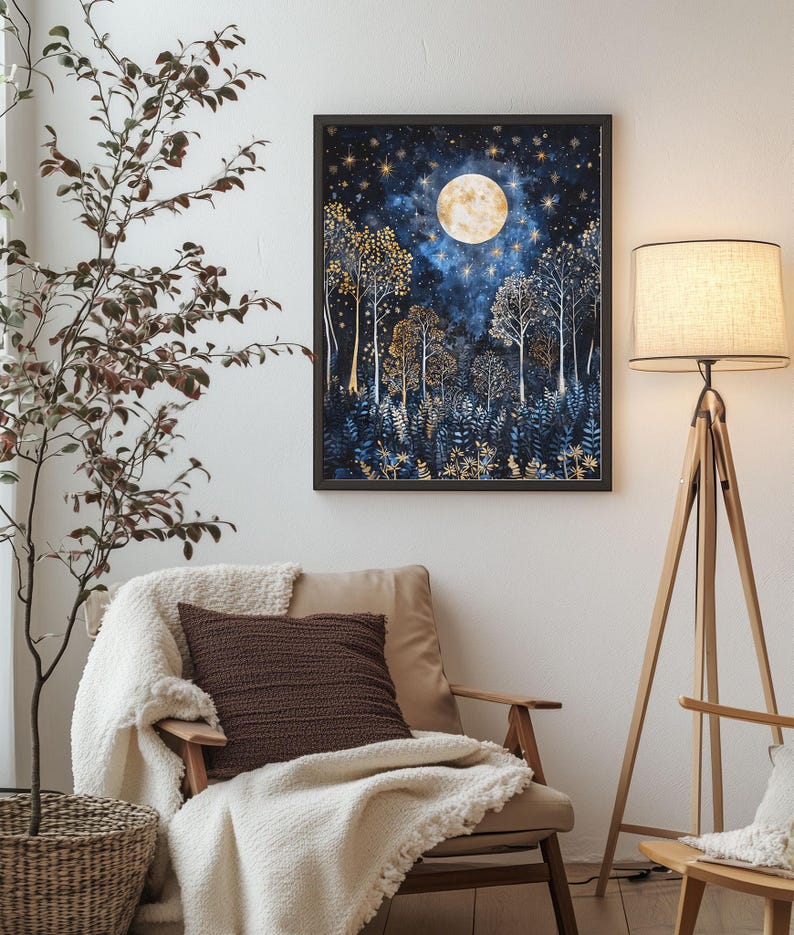Full Moon Wall Art Celestial Decor Night Sky Woodland Poster Moon Phase ...