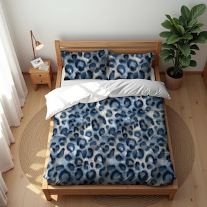 Animal Print Duvet Cover Set, Blue Leopard Print, Duvet Covers And Pillow Set, Luxury Animal Print Bedding Duvet Cover Set, Ships From USA