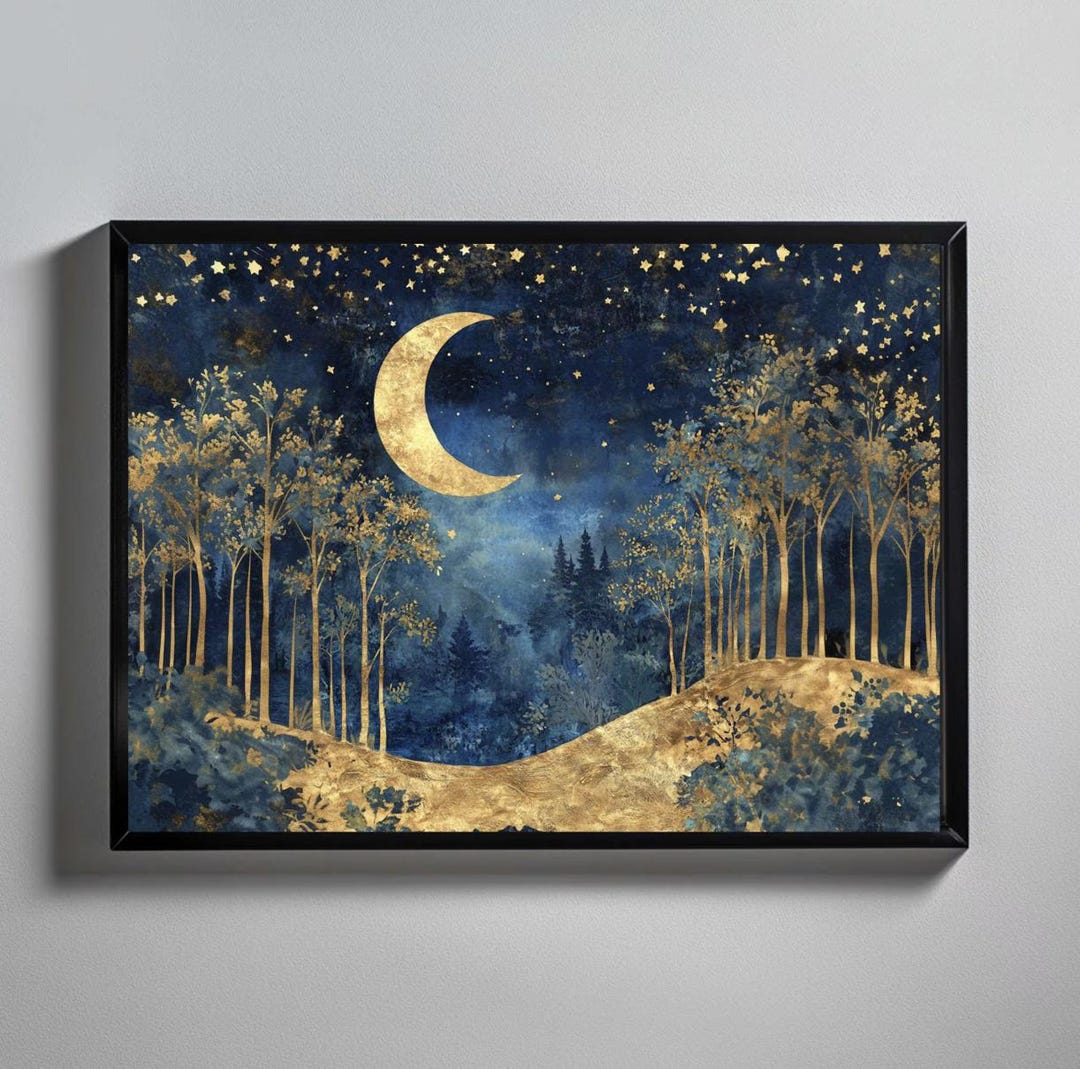 Moon Print Golden Woodland Landscape Wall Art William Morris Style ...
