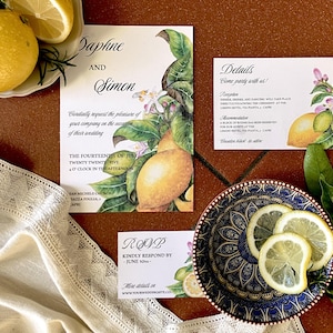 Set di inviti di nozze stampabili, inviti personalizzabili per feste con piante di limone e design ad acquerello ispirato alla natura, download immediato.