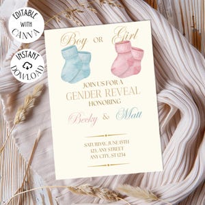 Modèle carte d'invitation Gender Reveal : modifiable, téléchargement instantané, 5x7". Faire-part classique.