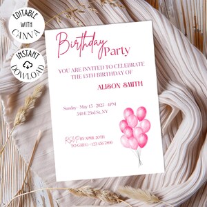 Modèle carte d'invitation Anniversaire enfant/adolescent : modifiable, téléchargement instantané, 5x7". Faire-part classique.