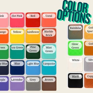 Puede incluir: Una cuadr&iacute;cula de muestras de color con etiquetas, que incluyen rosa, rojo, naranja, amarillo, verde, azul, morado y m&aacute;s. El texto "OPCIONES DE COLOR" se muestra en un color turquesa. Opciones de color adicionales incluyen arco&iacute;ris, brillo dorado y cobre.
